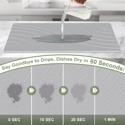 Large Stone Drying Mat for Kitchen Counter, 24" × 16" Diatomite Dish Drying Mat, Quick Dry Stone Mats, Ultra Absorbent Natural Diatomaceous Earth Mats for Dished, Bottles, Grey