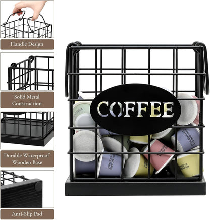 Coffee Pod Holder Organizer,Large Capacity K Cup Holder Organizer, Storage Basket for Kitchen Countertop Office Coffee Bar with Wooden Base(Rustic Black-Square)