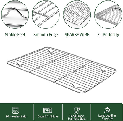 CEKEE Baking Sheet and Cooling Rack Set, 4PCS Stainless Steel Cookie Sheets for Baking with Baking Rack, Non Toxic & Heavy Duty & Easy Clean Baking Pan Tray for Toaster Oven, Size 18 x 12 x 1 Inch
