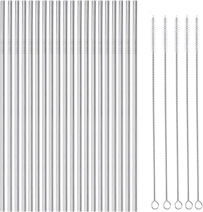 25 Piece Set Stainless Steel Straws Long 8.5 Inch Drinking Metal Straws Reusable Drinking Straws for 20 OZ (20 Straight| 5 Brushes)