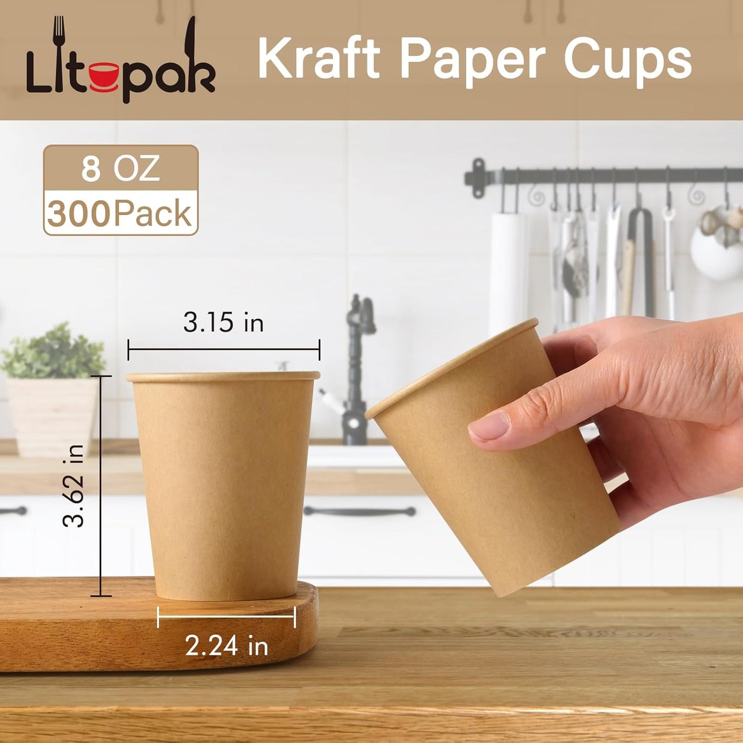 LITOPAK 300 Pack Disposable Coffee Cups 8 oz Paper Cups for Water, Coffee, Juice, and Tea, 8 Ounce Hot Paper Cups for Home, Restaurant, Store, and Cafe