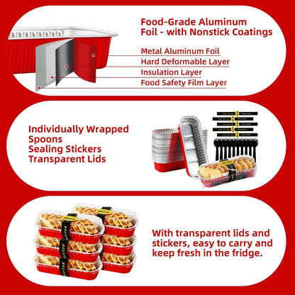 Mini Loaf Pans with Lids and Spoons Sealing Sticker,60 Pcs 6.8oz Cake Pans for Baking Disposable Aluminum Foil Red cake pan (60 PCS RED)