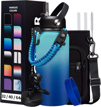 Stainless Steel Flask Water Bottle - 32oz/40oz/64oz Insulated Water Bottle with Straw & Spout Lids, Paracord Handle, Strap Sleeve, Protective Cup Mat, Hydro Thermo Perfect for Sports Office