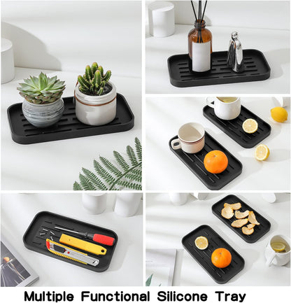 Silicone Kitchen Sink Organizer Tray for Multiple Usage,Eco-Friendly Sponges Holder for Kitchen Bathroom Counter or Sink,Dish Soap Dispenser,Scrubber,Bottle,Cup (Black, 10"×5.3")