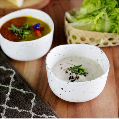 roro Handcrafted 4.5" Ceramic Miso | Rice Bowls, Set of 2 - White Matte Speckled Stoneware - Perfect for Soups