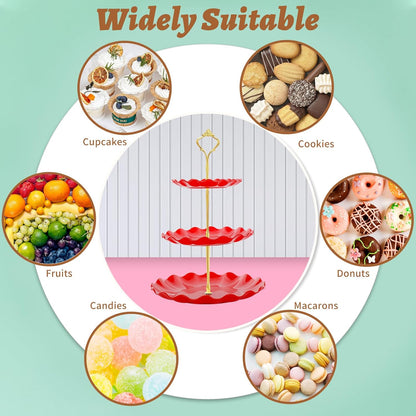 3 Tier Cupcake Stand Holder, Plastic Cup Cake Stand Tower with Tiered Serving Tray for Cupcakes, Donuts, Fruits and More, Red