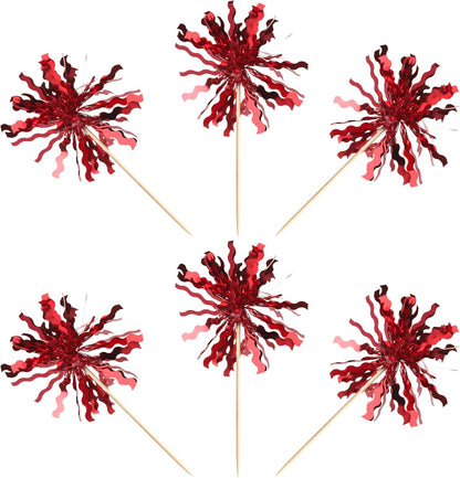 30 PCS Foil Firework Cupcake Toppers Sparkle Tinsel Cupcake Picks Happy Birthday Cake Toppers Drink Stirrers Cocktail Food Fruit Toothpicks for Baby Shower Birthday Party Decorations Supplies Red