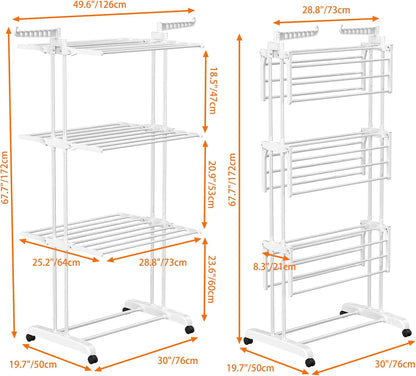 HOMIDEC Clothes Drying Rack, Large 4-Tier Foldable Drying Rack Clothing(67.7H x 19.7W x 30L Inches), Movable Drying Rack with 4 castors. Multifunctional Stainless Steel Laundry Drying Rack, White