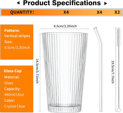 KEMORELA 4-Pack Ribbed Drinking Glasses, 16 oz Vintage Highball Cups with Glass Straws, Old Fashioned Glasses, Elegant Tumblers for Water, Juice, Whiskey - Perfect for Iced Coffee and Cocktails