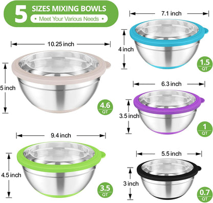 TeamFar Mixing Bowls, 5PCS Stainless Steel Serving Salad Bowls with Lids, For Kitchen Mixing/Baking/Storing/Prepping, Visible & Airtight, Non-Slip Bottom - 4.6/3.5/1.5/1 / 0.7 QT, Multi-color
