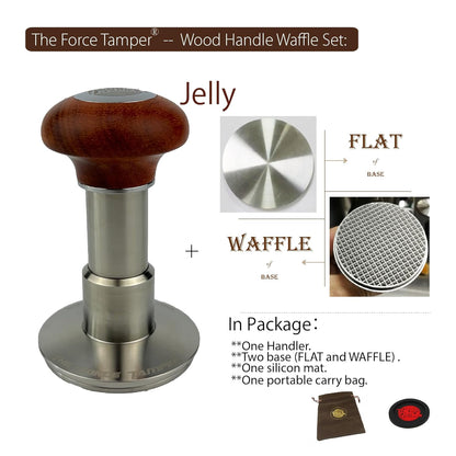 The Force Tamper Automatic Impact Adjustable Constant Pressure and Autoleveling Coffee Tamper Reddish Brown Jellyfish Wooden Handle Set Pro (Waffle-Set, 58.50mm)