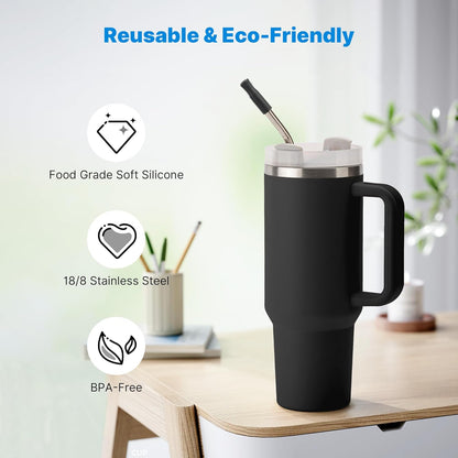 Repeatable Metal Straw with Silicone Tips for 40 oz Stanley Tumbler, 2 Pcs 40 oz Stainless Steel Straws Replacement for Stanley Tumbler, 1 Straw Brush, BPA Free（Black）