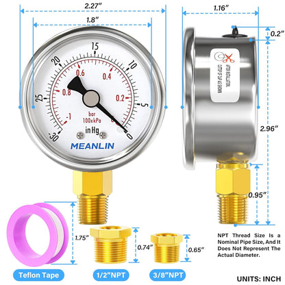 MEANLIN MEASURE -30inHG~0Psi Vacuum Gauge Stainless Steel 1/4" NPT 2" FACE DIAL Waterproof for Air Compressor HVAC Negative Pressure Hand Pump Pool Lower Mount, with 1/2" NPT and 3/8" NPT Hex Bushing