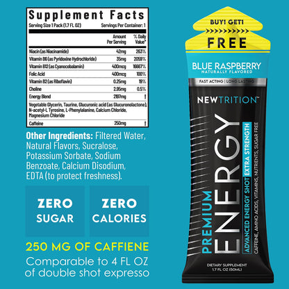NewTrition® Extra Strength Energy Shots, 250mg Caffeine Energy Shots with Vitamin B & Amino Acids, Sugar-Free Vitamin Energy Shot, 1.7 fl oz (Pack of 12, Blue Raspberry)