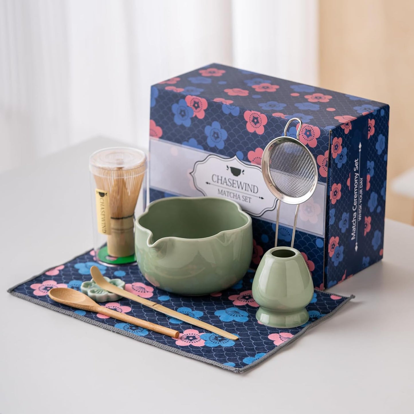 Matcha Set, 8Pcs Floral Ceramic Matcha Set with Matcha Whisk, Holder, Scoop, Scoop Rest, Sifter, Spoon and Tea Towel - Thoughtful Matcha Whisk Set Gift for Matcha Lovers (Green)