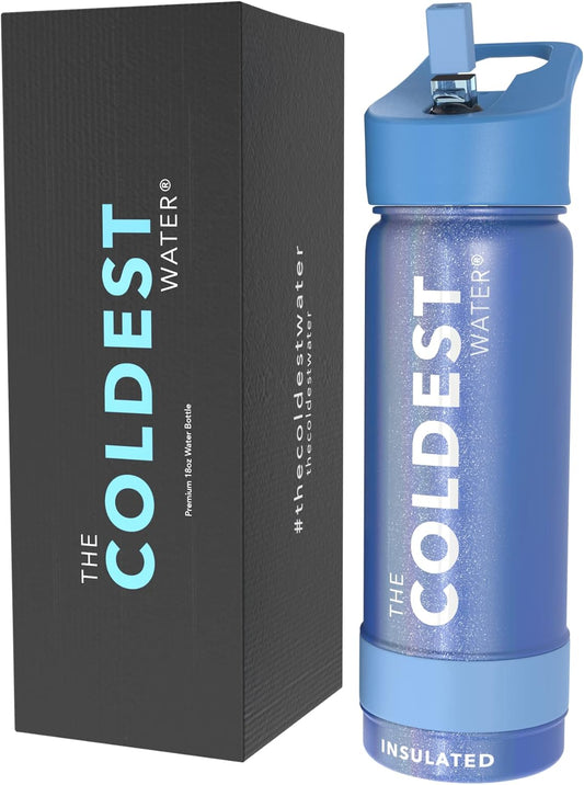 Coldest Insulated Water Bottle with Straw Lid - Stainless Steel Metal Insulated Bottle for Men & Women (Galactic Blue Glitter, 18 oz)