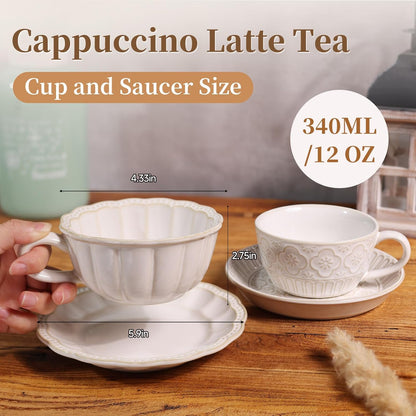 Latte Cup with Saucer, 12 OZ Cappuccino Cup Vintage Cafe Art Cups for Espresso Turkish Coffee, Farmhouse Latte Mugs Tea Cups and Saucers Porcelain Set for Baristas Great Gift