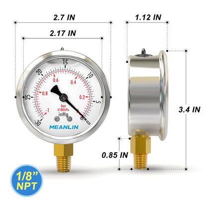 MEANLIN MEASURE -30inHG~0Psi Stainless Steel 1/8" NPT 2.5" FACE DIAL Vacuum Pressure Gauge, Lower Mount, with 1/4" NPT and 3/8" NPT Hex Bushing