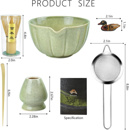 Artcome Japanese Matcha Set, Matcha Bowl with Pouring Spout, Matcha Whisk, Tea Scoop, Whisk Holder, Handmade Matcha Ceremony Kit For Japanese Tea Ceremony