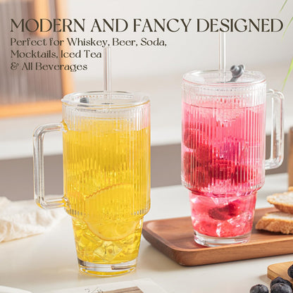 KEMORELA 2-Pack 24 Oz Ribbed Glass Tumblers with Lids and Straws, Handle Iced Coffee Cups, Clear Reusable Drinkware for Smoothies, Cold Beverages - Dishwasher Safe