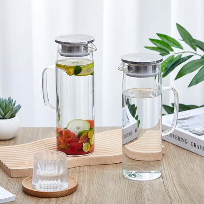 Hsei 2 Sets Glass Pitcher with Lid, 50 oz / 1500 ml Water Carafe with Handles Hot Cold Beverage Water Jar Glass Jug for Tea Juice Milk Coffee Iced Beverage