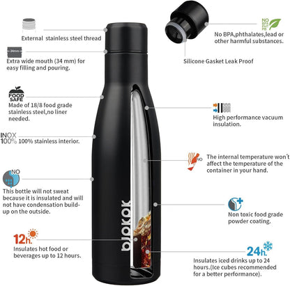 BJPKPK 17oz Insulated Water Bottles Stainless Steel Sports Water Bottles Keep Cold and Hot for Travel Dishwasher Safe,Midnight Black