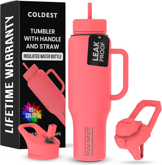Coldest 40 oz Tumbler with Handle and Straw - 100% Leak Proof Insulated Tumbler with Lid and Straw (3 Lids) - Stainless Steel Tumblers for Women & Men - Cup Holder Friendly Base, 46 oz (The Cardinal)