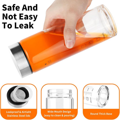 Glass Juice Bottles 6 Pack 10 oz - Wide Mouth Glass Water Bottles with Lids - for Juicing, Protein, Smoothie, Milk, Reusable, BPA Free, Stainless Steel Lids, Blender, Shaker Bottle (10oz/300ml)