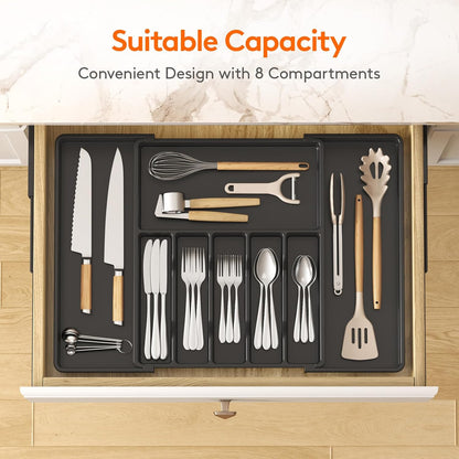 Lifewit Silverware Drawer Organizer, Expandable from 15.4 to 27 inches, Utensil Tray for Kitchen, Adjustable Cutlery Holder, Plastic Flatware Storage for Spoons Forks Knives, Extra Large, Black