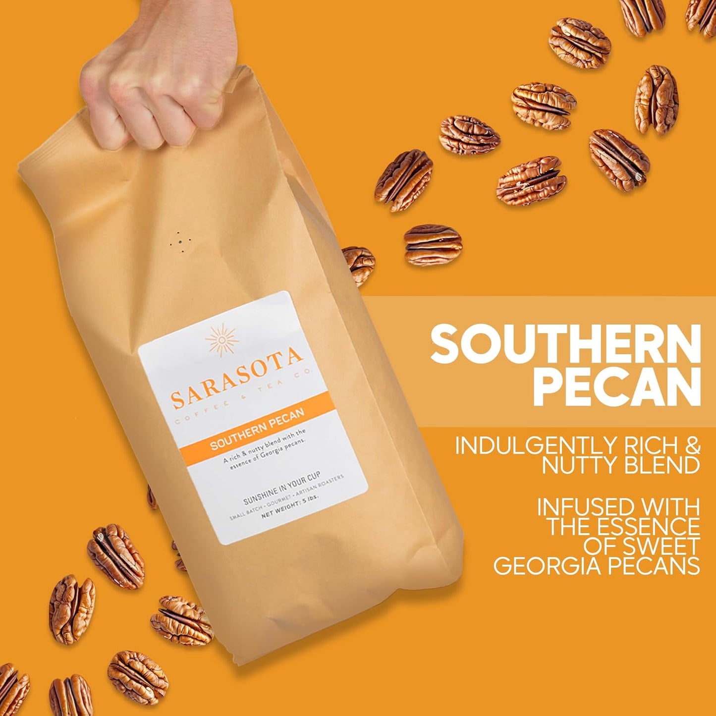 Sarasota Coffee Ground Southern Texas Butter Pecan | Medium Roast Gourmet Flavored Coffee Grounds | Low Acid, Mold Free, Specialty Grade Flavored Bulk Ground Coffee | 5lb (80 oz)