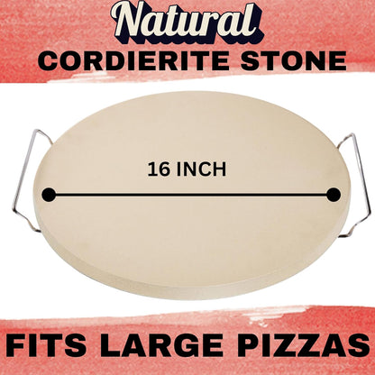 16 inch Round Pizza Stone for Oven - Large Pizza Stone for Grill with Handles and Dough Tool - Round Baking Stone for Bread - Pizza Making Accessories - Cooking Gifts for Food Lovers
