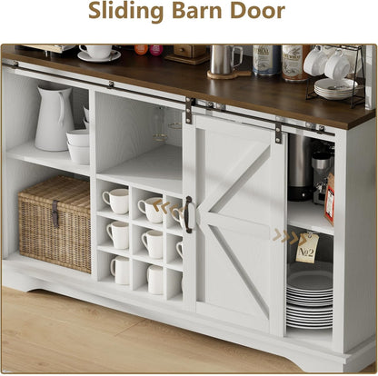 55 Inch Farmhouse Coffee Bar Cabinet with 3-Tier Enclosed Storage Cabinet, Kitchen Hutch with 12 Wine Racks & 3 Glass Holders, Coffee Bar with 6 Hooks, Wood Furniture for Dining Living Room, White