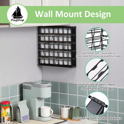FlagShip 5-Tier Corner Coffee Pod Organizer for K Cup - 35 Capsules Metal Storage, Space-Saving Kitchen Countertop Rack Wall Mountable
