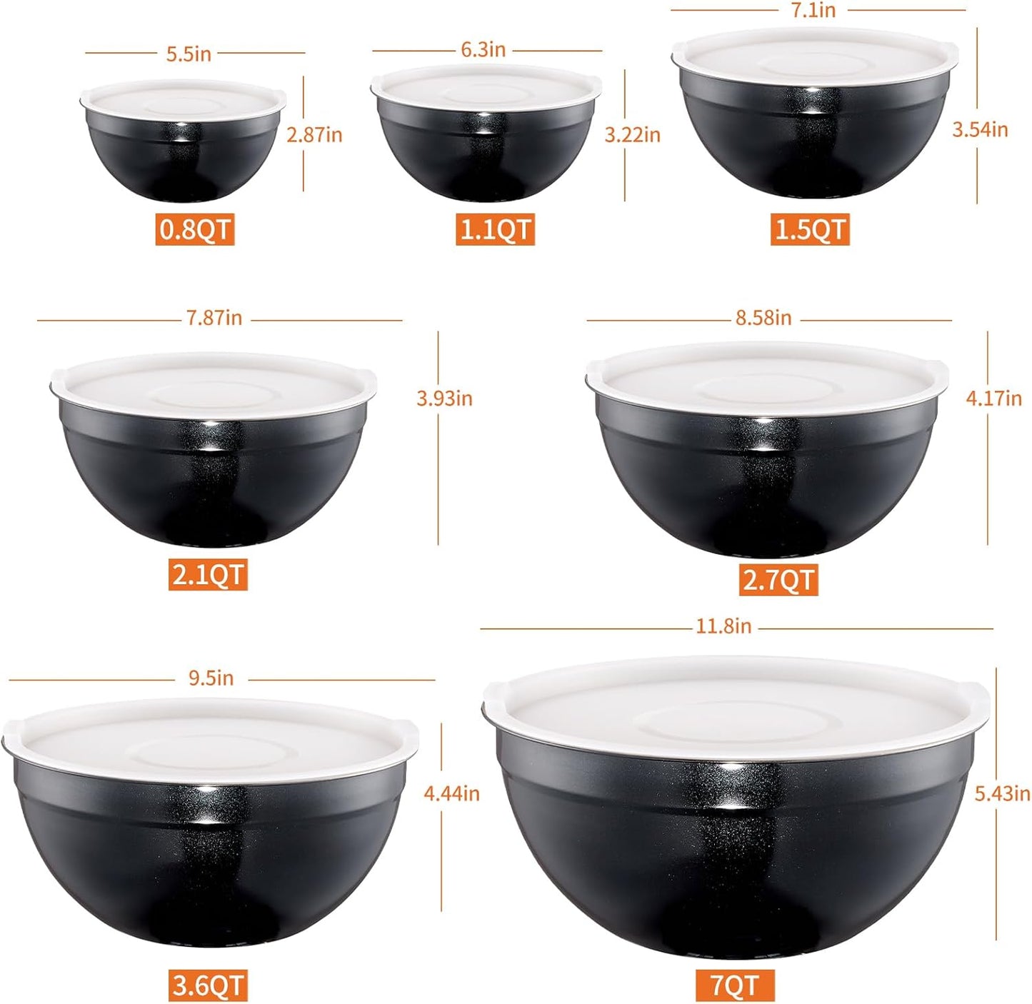 Black Mixing Bowls with Lids Set of 7, Stainless Steel Nesting Bowl with Khaki Lid for Non-slip Mixing Prepping Storing Serving, 7 Sizes-7/3.6/2.7/2.1/1.5/1/0.8 QT
