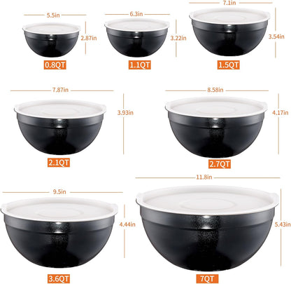 Black Mixing Bowls with Lids Set of 7, Stainless Steel Nesting Bowl with Khaki Lid for Non-slip Mixing Prepping Storing Serving, 7 Sizes-7/3.6/2.7/2.1/1.5/1/0.8 QT
