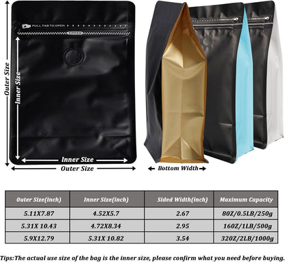 Coffee Bags with Valve (60 PCS,16oz/1lb) Black Side Color High Barrier Aluminum Foil Flat Bottom Standing Coffee Beans Storage Packaging Bags, Reusable Heat Seal Side Zipper Pouches for Small Busines