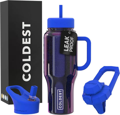 Coldest 40 oz Tumbler with Handle and Straw, 100% Leak Proof Insulated Tumbler with Lid and Straw (3 Lids), Stainless Steel Tumblers for Women & Men, Cup Holder Friendly, 36 oz (Enchanted Blue)