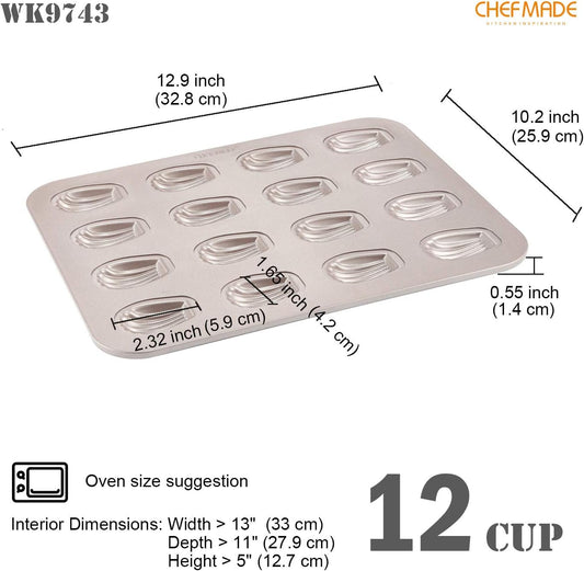 CHEFMADE Mini Madeleine Mold Cake Pan, 16-Cavity Non-Stick Tiny Oval Shell Madeline Bakeware for Oven Baking (Champagne Gold)