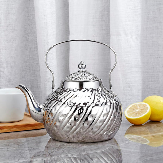 SANQIAHOME 2000ml stainless steel antique style teapot,with Infuser, thickened boiling kettle, lifting handle,Silver