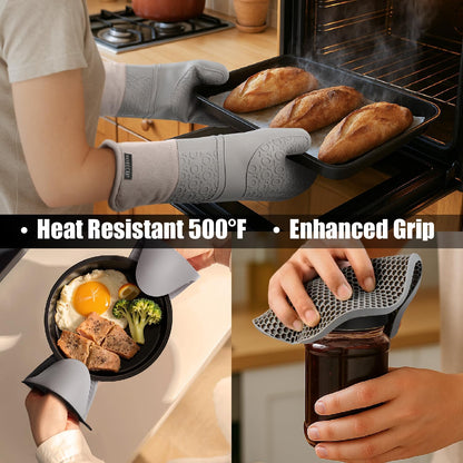 Rorecay 6pcs Oven Mitts and Pot Holders Sets for Kitchen, Extra Long Silicone Oven Gloves High Heat Resistant 500 Degrees Non-Slip Potholders Hot Pads for Baking Cooking, Grey