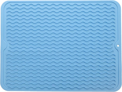 Silicone Dish Drying Mat for Multiple Usage,Easy clean,Eco-friendly,Heat-resistant Silicone Mat for Kitchen Counter or Sink,Refrigerator or drawer liner Light Blue L 16 inches x 12 inches