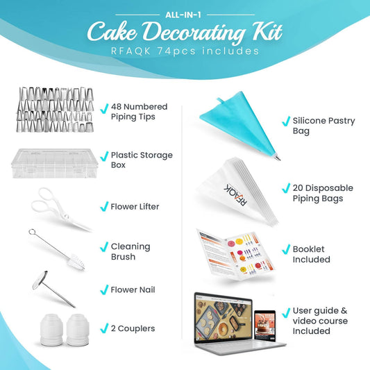 RFAQK 74 PCs Icing Piping Bags and Tips Set, Cake Decorating Kit with 48-Numbered Piping Tips, 20+1 Pastry Bags for Cookie Cupcake Cake Decoration, Cake Decorating Tips Set with Booklet and E-book