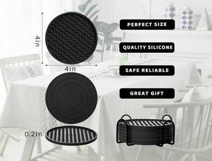 Coasters for Drinks 6 Pack Drink Coaster with Holder,Heat Resistant Silicone Cup Mat Tabletop Protection,Non-Slip Rubber Coasters for Kinds of Cups (Black)
