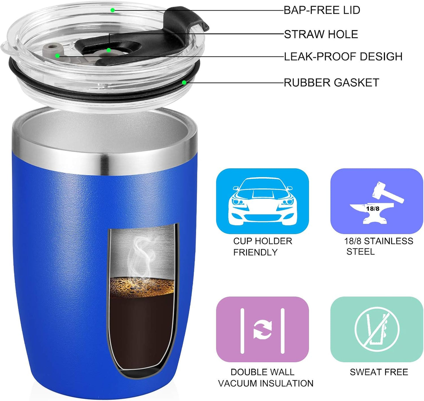 VEGOND Stainless Steel 12 oz Tumblers bulk Vacuum Insulated Double Wall Travel Tumbler with Lid and Straw Reusable Tumbler, Royal Blue 12 pack