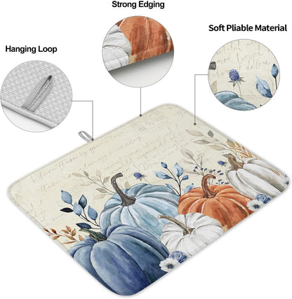 Fall Dish Drying Mat for Kitchen Counter Blue Pumpkin Drying Pad Absorbent Drying Mats for Countertops Sinks Draining Racks Floral Leaves Drainer Holiday Harvest Thanksgiving Decorations 18x24