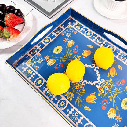 Boho Blue Decorative Tray, Serving Tray with 4 Handles, Plastic Tray for Coffee Table, Ottoman - Ideal for Living Room & Bathroom. 15” x 11” x 1.9”