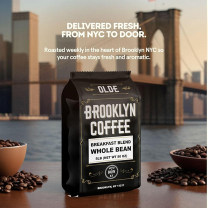 BROOKLYN COFFEE Whole Bean, Breakfast Blend Light Medium Roast (5lb) Delicate, Smooth, Low Acidity - Fresh Bulk Coffee Beans Roasted Weekly in NYC