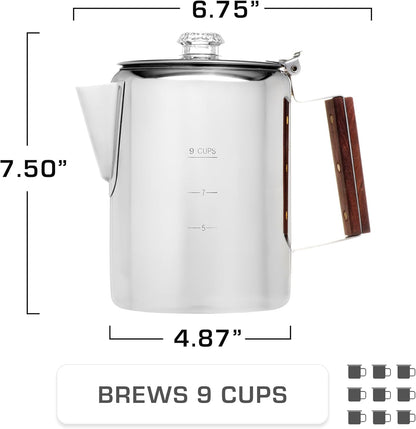 COLETTI Bozeman Percolator Coffee Pot — NO Aluminum or Plastic [9 cup]