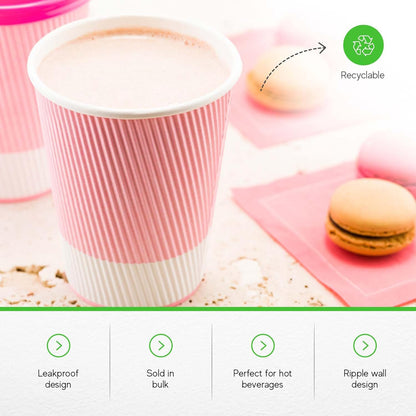 Restaurantware-12 Ounce Disposable Coffee Cups, 500 Ripple Wall Hot Cups For Coffee - Lids Sold Separately, Rolled Rim, Light Pink Paper Insulated Coffee Cups, For Hot Coffee, Tea, And More
