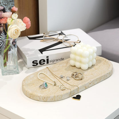 Koville Natural Marble Tray for Home Decor, 12"x6" Marble Vanity Tray for Dresser, Stone Perfume Organizer Jewelry Dish for Bathroom, Stone Catchall Storage Trays for Candles